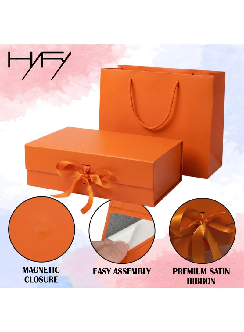 Orange Gift Box With Gift Bag 32x20x10cm Large laminated luxury Gift box hermes orange Gift Boxes Magnetic Closure with Ribbon with Foldable Lid boxes for Women Wedding bridal Gifts Birthday Wedding Gifts Packaging - view 2